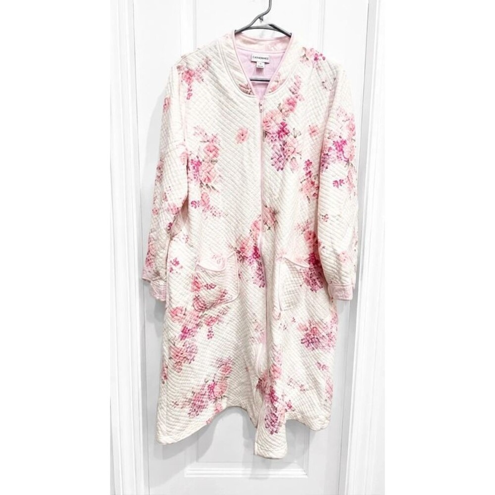 Miss Elaine Women’s Medium Pink Floral Quilted Zip-Front Duster Robe